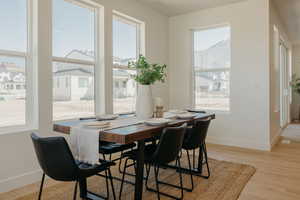 Dining area with visible vents, light wood-style flooring, baseboards, and a healthy amount of sunlight