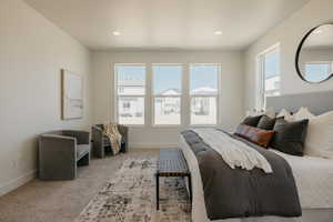 Bedroom featuring baseboards, carpet, and recessed lighting