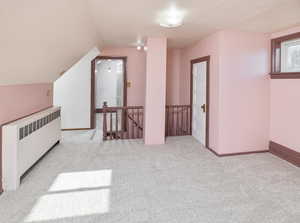 Additional living space featuring radiator, light carpet, and vaulted ceiling