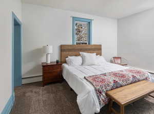 Carpeted bedroom featuring baseboard heating