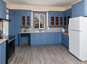 Kitchen with white refrigerator, blue cabinetry, electric range, and sink