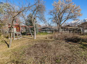 View of yard featuring a playground and a mountain view