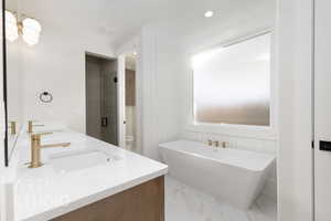 Bathroom featuring toilet, vanity, and a bathing tub