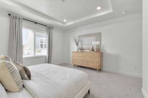 Bedroom with light carpet and a tray ceiling