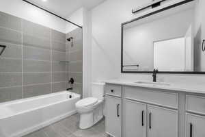 Full bath featuring vanity,  shower combination, and toilet