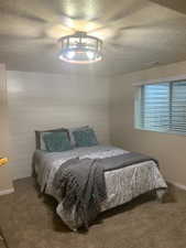 Carpeted bedroom featuring a textured ceiling