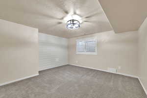 Spare room featuring a textured ceiling, carpet flooring, and wooden walls