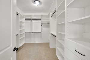 Walk in closet featuring light colored carpet