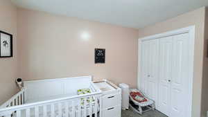 Carpeted bedroom featuring a nursery area and a closet