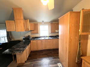 Kitchen featuring ceiling fan, sink, dark hardwood / wood-style floors, and dark stone counters