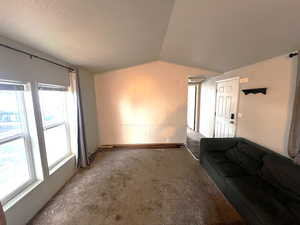 Carpeted living room featuring vaulted ceiling and a textured ceiling