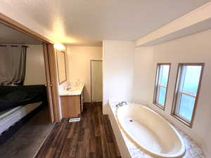 Bathroom featuring vanity, plus walk in shower, a textured ceiling, and hardwood / wood-style flooring