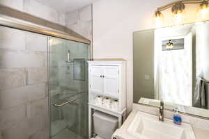 Bathroom 2 ensuite with an enclosed shower, vanity, and toilet