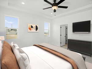 Bedroom featuring a tray ceiling, multiple windows, and light colored carpet