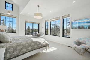 Carpeted bedroom with access to outside, multiple windows, recessed lighting, and baseboards