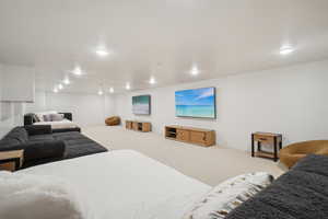 Living room featuring carpet floors and recessed lighting