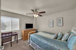 Carpeted bedroom with ceiling fan