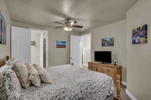 Bedroom with ceiling fan and carpet