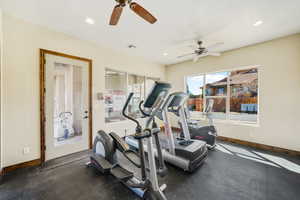 Exercise area with ceiling fan