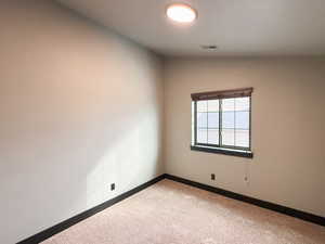 Spare room with carpet floors and lofted ceiling