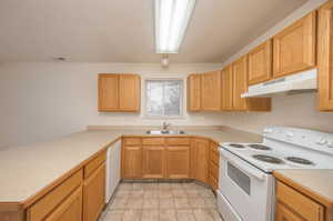 Kitchen featuring sink, kitchen peninsula, and white appliances