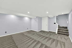 Basement featuring carpet