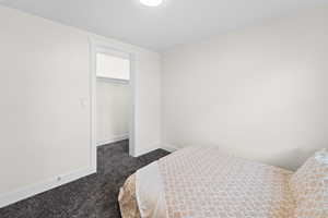 Carpeted bedroom featuring a closet