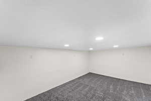 Basement with carpet and a textured ceiling