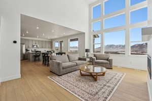 Living room featuring a high ceiling, a mountain view, and light hardwood / wood-style flooring