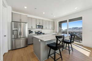 Kitchen featuring a mountain view, a center island with sink, appliances with stainless steel finishes, gray cabinetry, and a breakfast bar