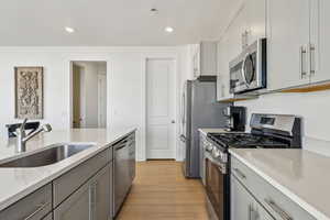 Kitchen featuring light wood-type flooring, appliances with stainless steel finishes, sink, and gray cabinetry