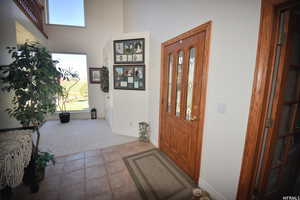 Foyer entrance with a healthy amount of sunlight, light colored carpet, and a towering ceiling