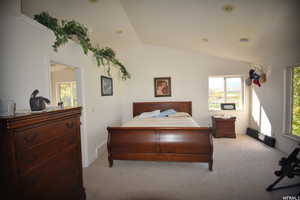 Bedroom with lofted ceiling and light colored carpet