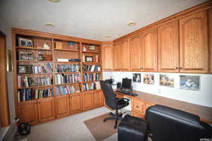 Office featuring a textured ceiling, light carpet, and built in desk