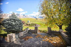 View of patio featuring a mountain view