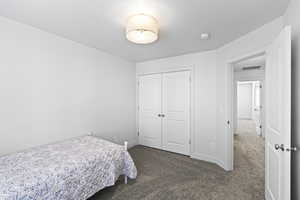 Bedroom featuring carpet floors and a closet