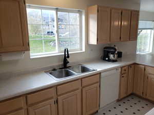 Kitchen with white dishwasher, light brown cabinets, and sink