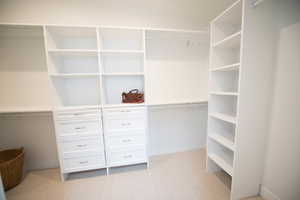 Spacious closet with light colored carpet