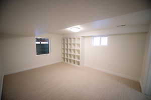 Basement with carpet