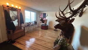 Miscellaneous room featuring a textured ceiling and hardwood / wood-style floors