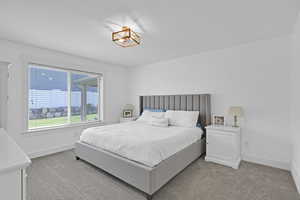 Bedroom with light colored carpet