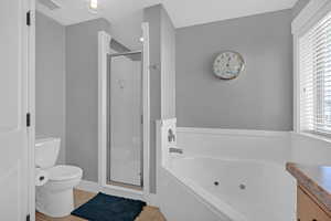 Full bathroom featuring a wealth of natural light, vanity, independent shower and bath, and tile patterned flooring