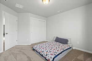 Carpeted bedroom featuring a closet