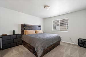 Bedroom featuring light colored carpet