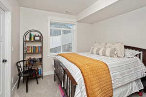 Bedroom with light carpet