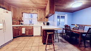Kitchen featuring tile countertops, wood ceiling, a breakfast bar area, white appliances, and sink