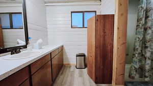 Bathroom with vanity, wood-type flooring, and wooden walls