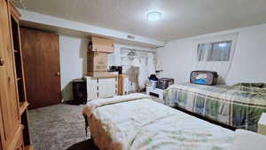 Carpeted bedroom with a textured ceiling
