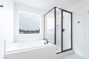 Bathroom featuring shower with separate bathtub