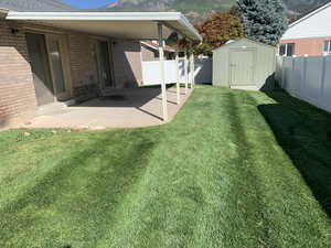 View of yard featuring a mountain view, a patio, and a storage unit